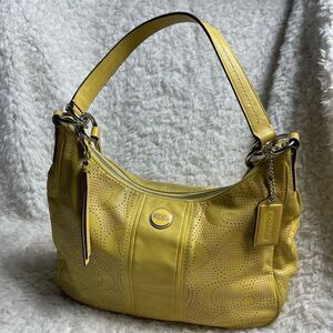 COACH Signature Stripe Convertible Hobo Bag yelow Perforated Leather F23241